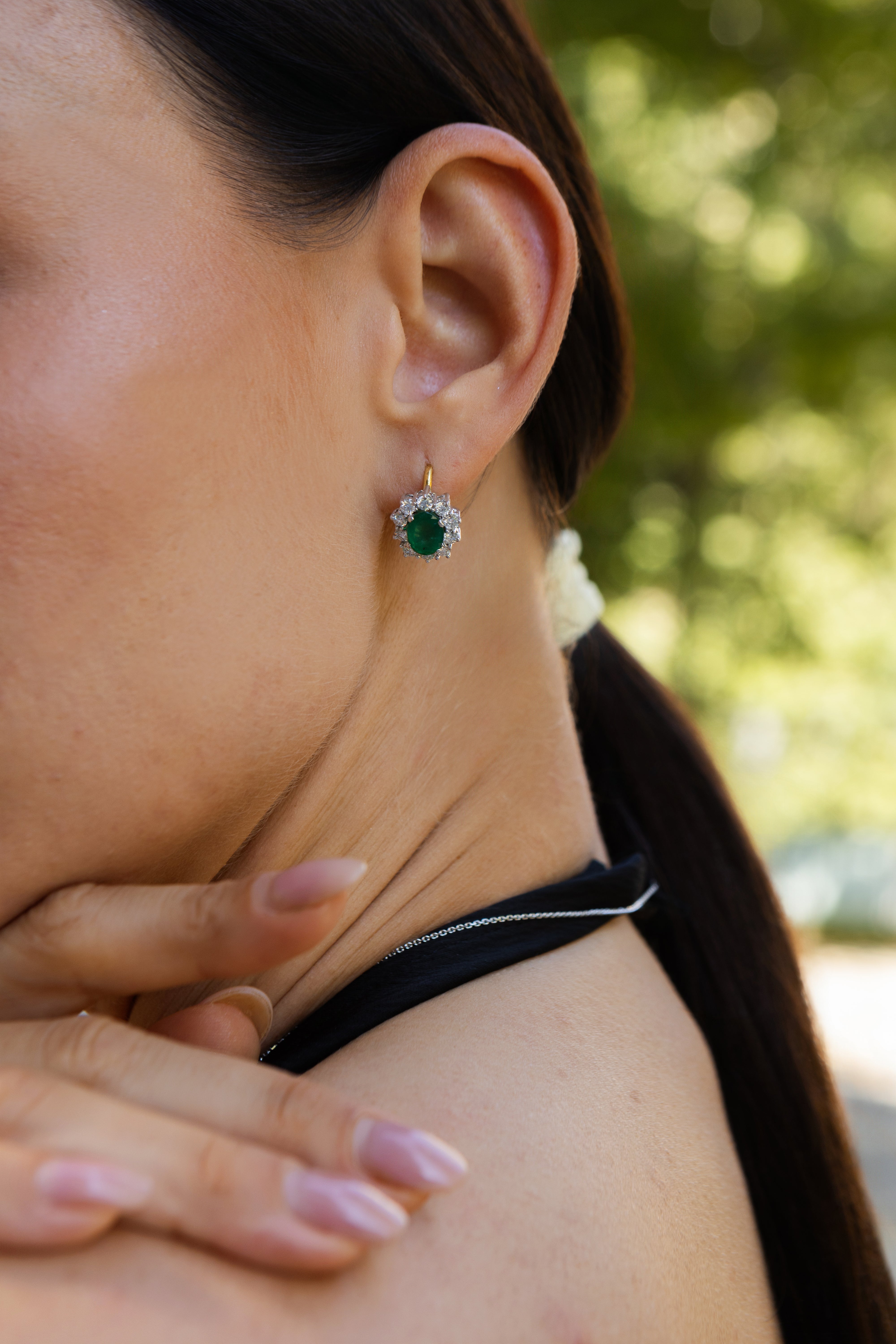 1.23 Carat Diamond 2.46 Carat Emerald Oval Earrings