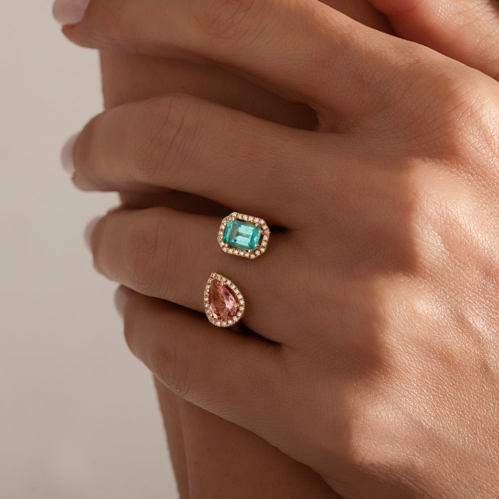 1.20 Karat Emerald & 1.10 Karat Damla Topaz & 0.20 Karat Yuvarlak Kesim Pırlanta Sen ve Ben Yüzük-RNF1305 | Renkli Taşlı Yüzükler | Ronaff Pırlanta | Tektaş Yüzük, Pırlanta Yüzük, Kolye, Küpe