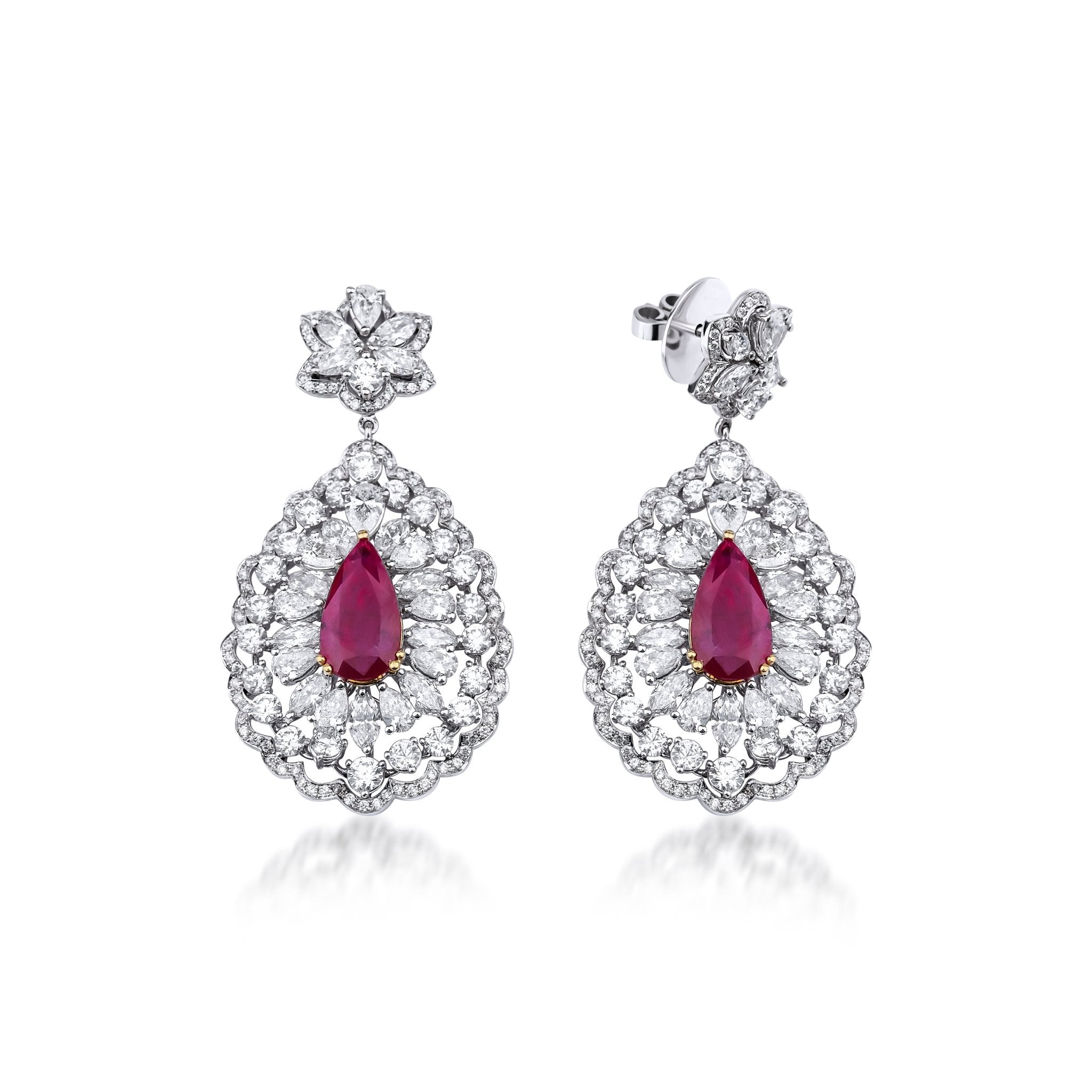 7.74 Karat Yakut & 5.10 Karat Damla & 3.42 Karat Yuvarlak Pırlanta Özel Tasarım Küpe - RNF0962 | Renkli Taşlı Küpe | Ronaff Pırlanta | Tektaş Yüzük, Pırlanta Yüzük, Kolye, Küpe