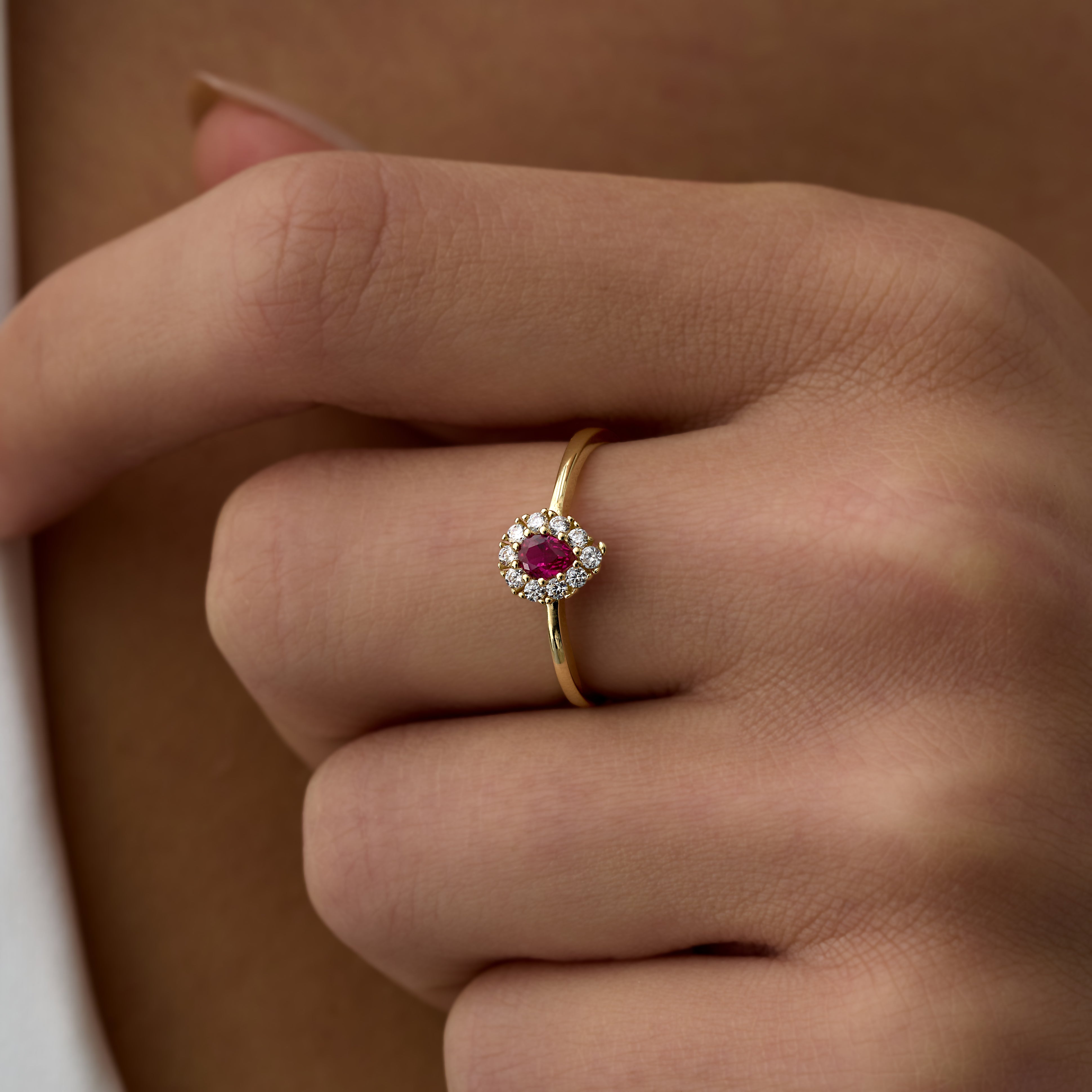 14 K Gold Ruby Stone-set Halo Diamond Ring