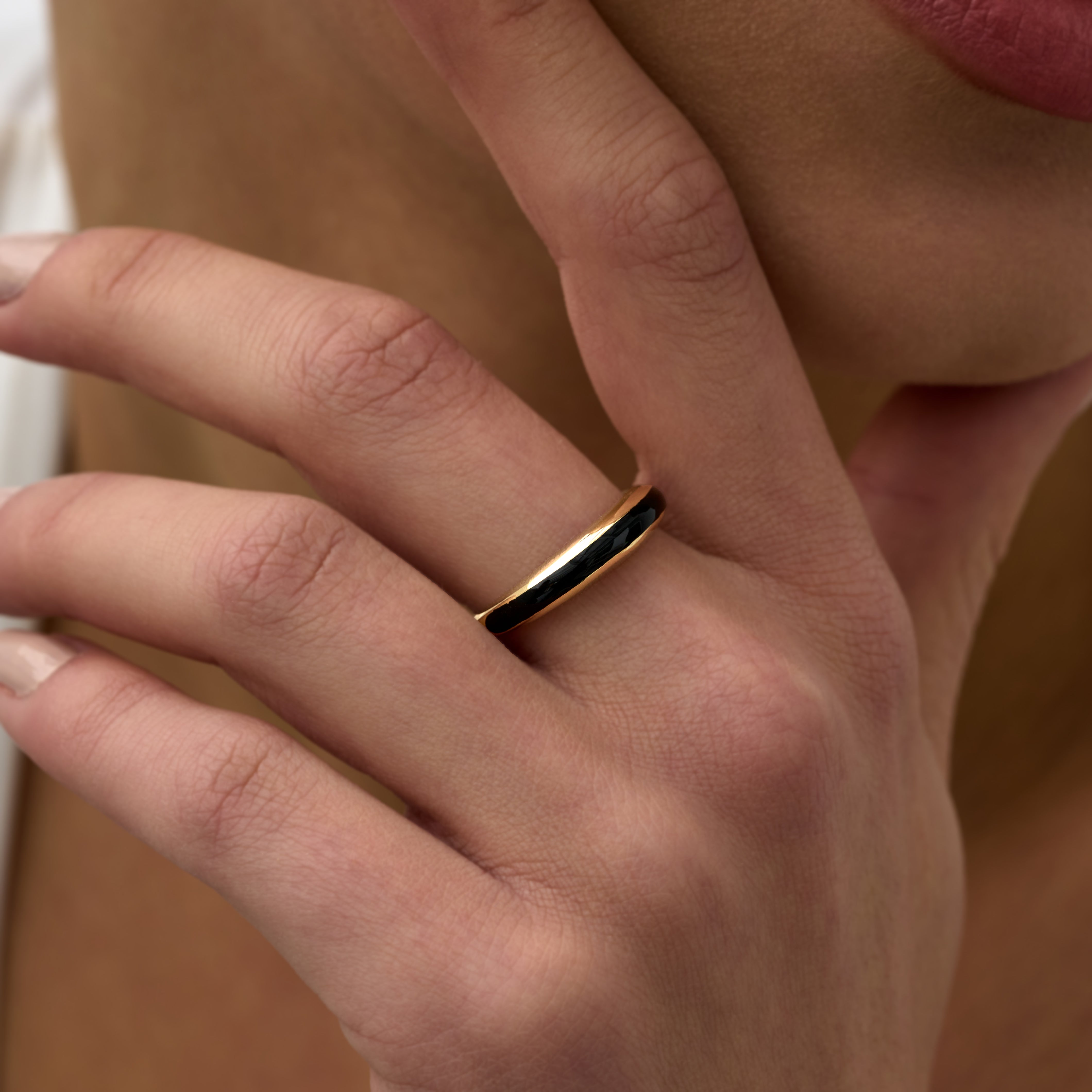 14 K Gold Black Enamel Slim Minimal Ring