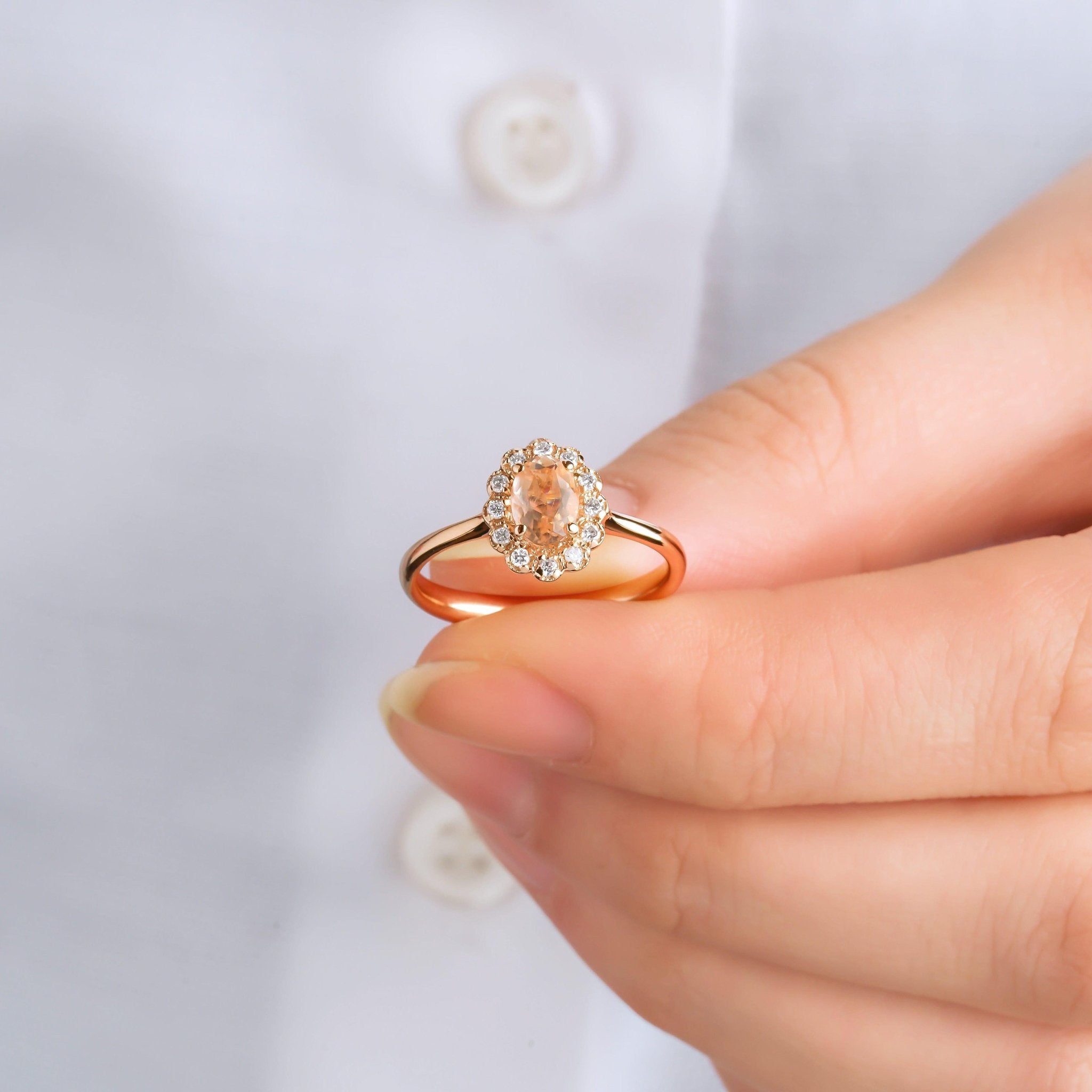 Perimeter Ring 0.88 Carat Oval Morganite & 0.12 Carat Perimeter Diamond Ring - RN ...
