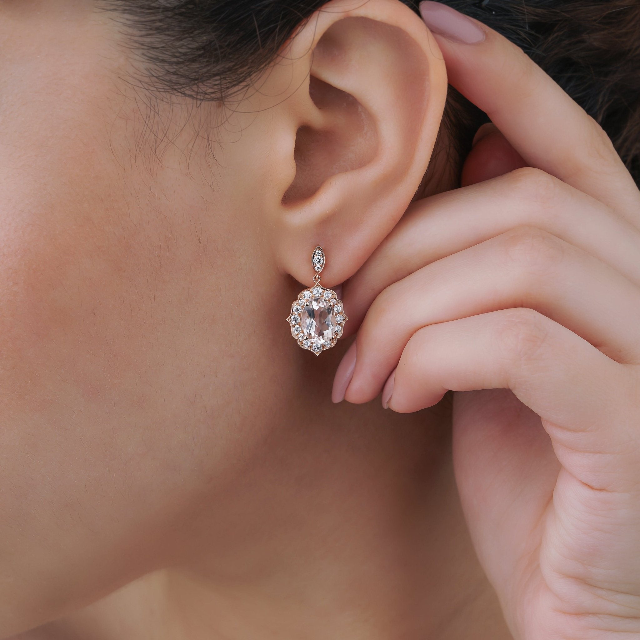 2.82 Karat Morganit Pırlantalı Vintage Küpe - RNF0221 | Renkli Taşlı Küpe | Ronaff Pırlanta | Tektaş Yüzük, Pırlanta Yüzük, Kolye, Küpe